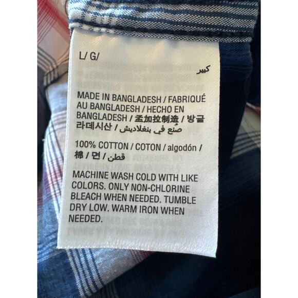 Men's L Short Sleeve Cotton Western Covered Snap Button Plaid Blue American Rag - Picture 6 of 6